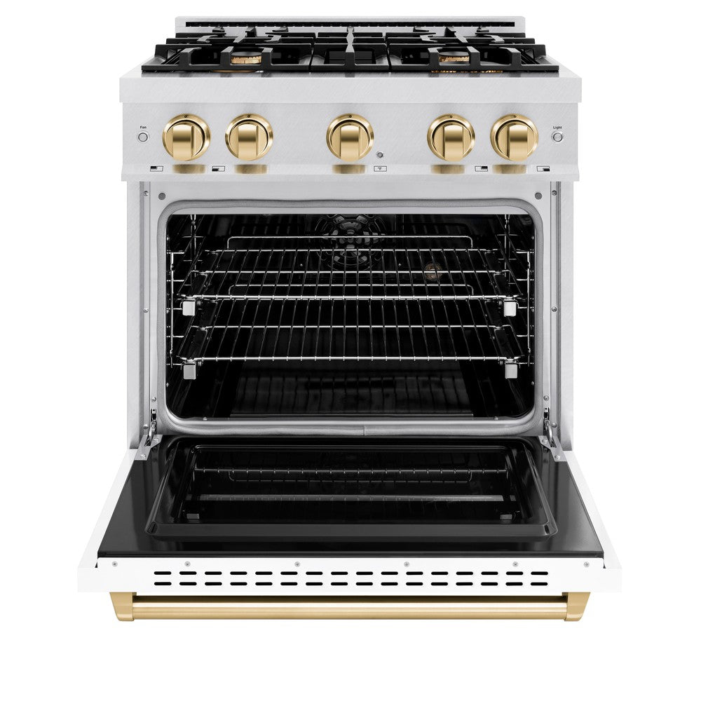 ZLINE 30 in. Dual Fuel Range 4.2 cu. ft. Gas Cooktop with 4 Burners and Electric Convection Oven, Satin Stainless Steel with White Matte Door and Polished Gold Accents (CDRSZ-WM-30-G)