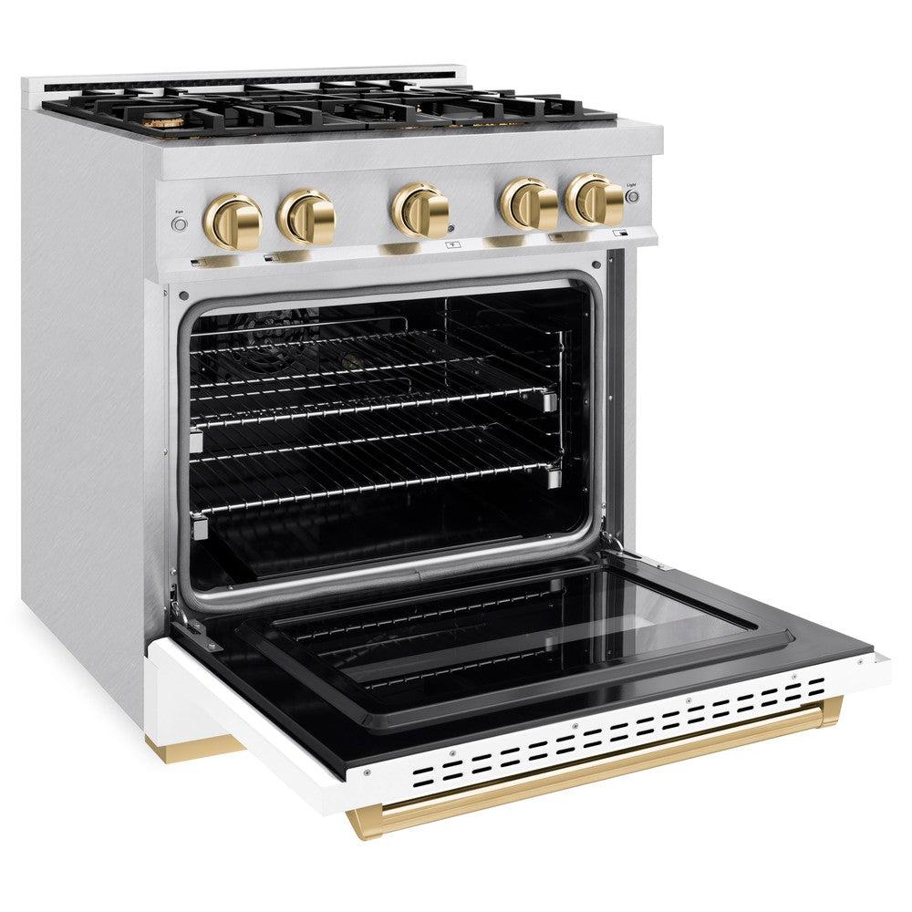 ZLINE 30 in. Dual Fuel Range 4.2 cu. ft. Gas Cooktop with 4 Burners and Electric Convection Oven, Satin Stainless Steel with White Matte Door and Polished Gold Accents (CDRSZ-WM-30-G)