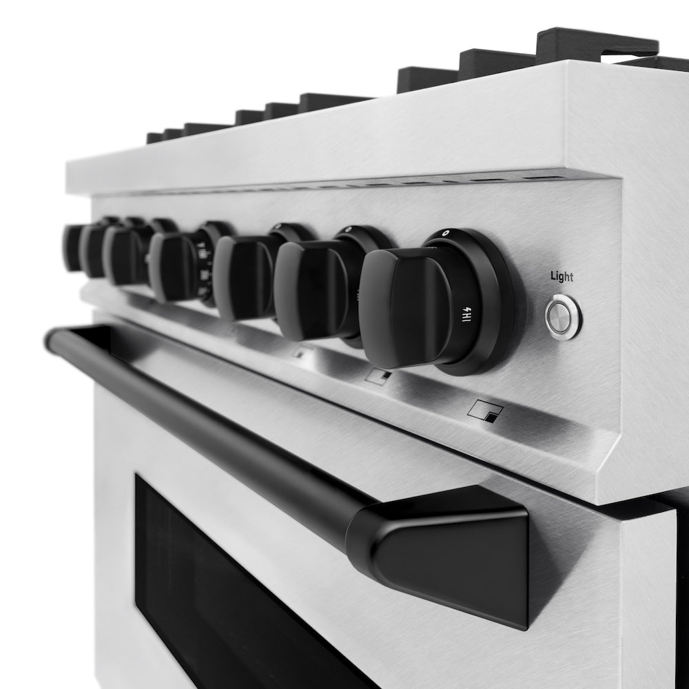 ZLINE 36 in. Dual Fuel Range 5.2 cu. ft. 6 Gas Burners Electric Convection Oven Satin Stainless Steel Matte Black Accents (CDRSZ-36-MB)