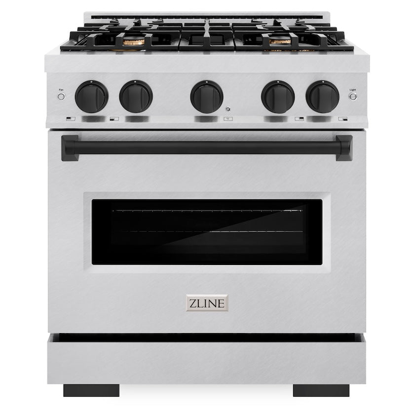 ZLINE 30 in. Dual Fuel Range 4.2 cu. ft. 4 Burner Gas Cooktop Electric Convection Oven Satin Stainless Steel Matte Black Accents (CDRSZ-30-MB)