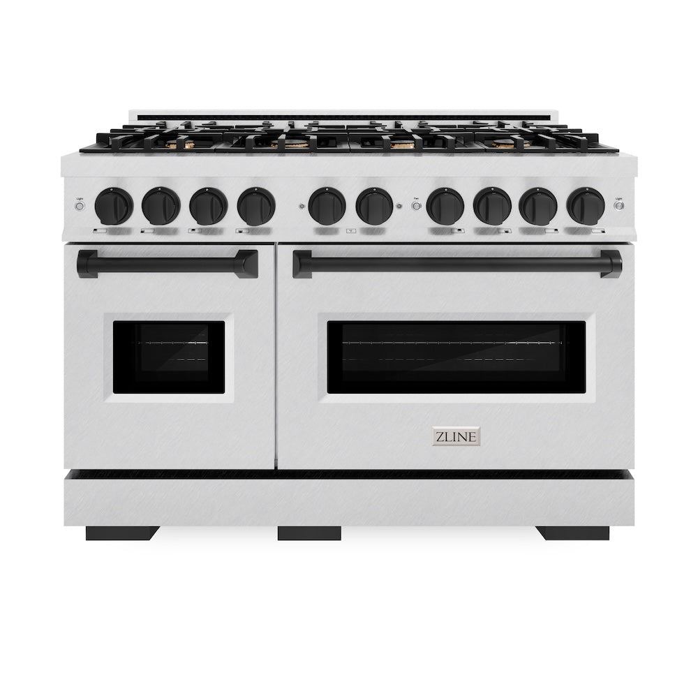 ZLINE 48 in. Dual Fuel Range Double Oven 6.7 cu. ft. 8 Gas Burners Satin Stainless Steel Matte Black Accents (CDRSZ-48-MB)