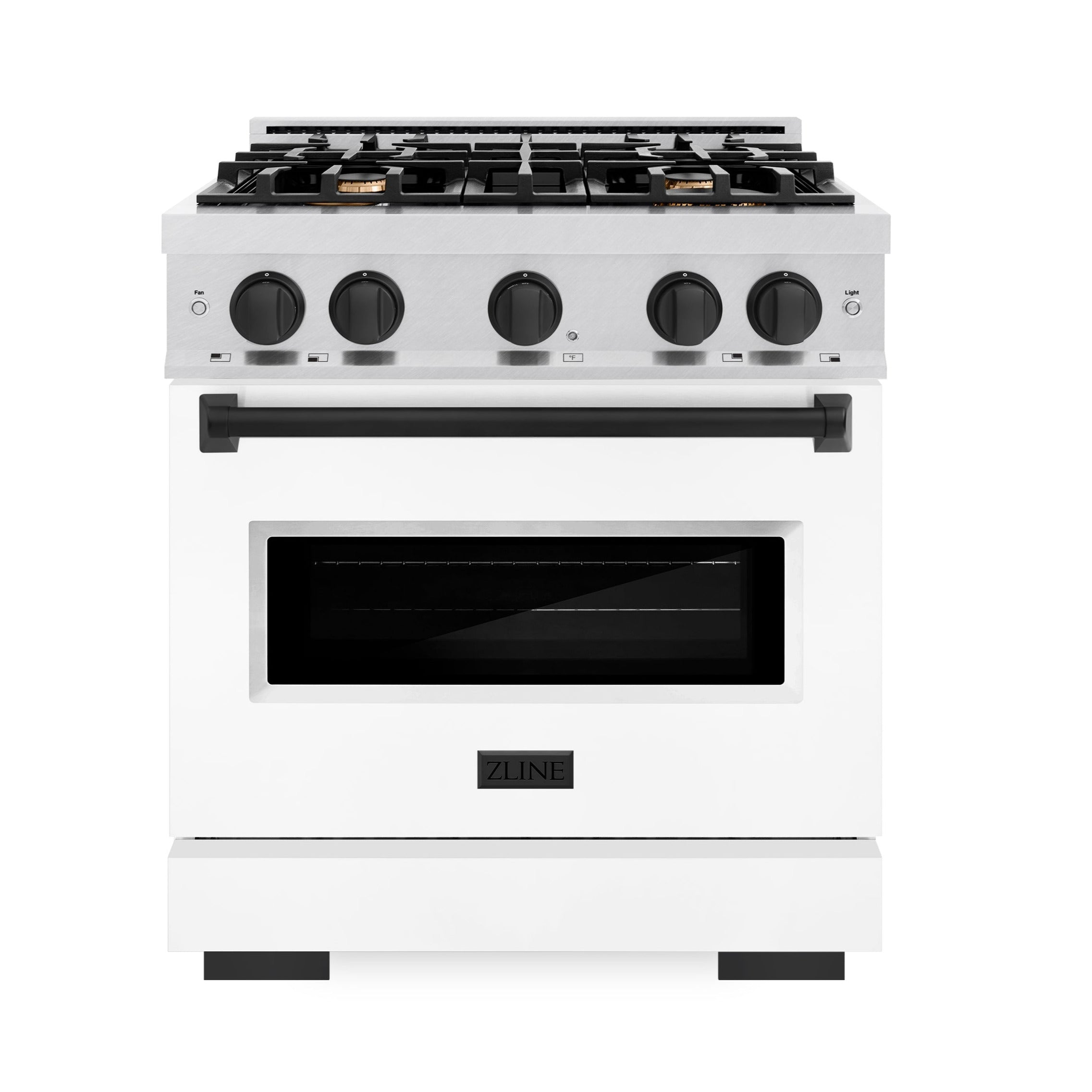 ZLINE Autograph Edition 30 in. Classic Dual Fuel Range 4.2 cu. ft. with 4 Burner Gas Cooktop and Electric Convection Oven in Satin Stainless Steel with White Matte Door and Matte Black Accents (CDRSZ-WM-30-MB)