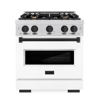 ZLINE Autograph Edition 30 in. Classic Dual Fuel Range 4.2 cu. ft. with 4 Burner Gas Cooktop and Electric Convection Oven in Satin Stainless Steel with White Matte Door and Matte Black Accents (CDRSZ-WM-30-MB)