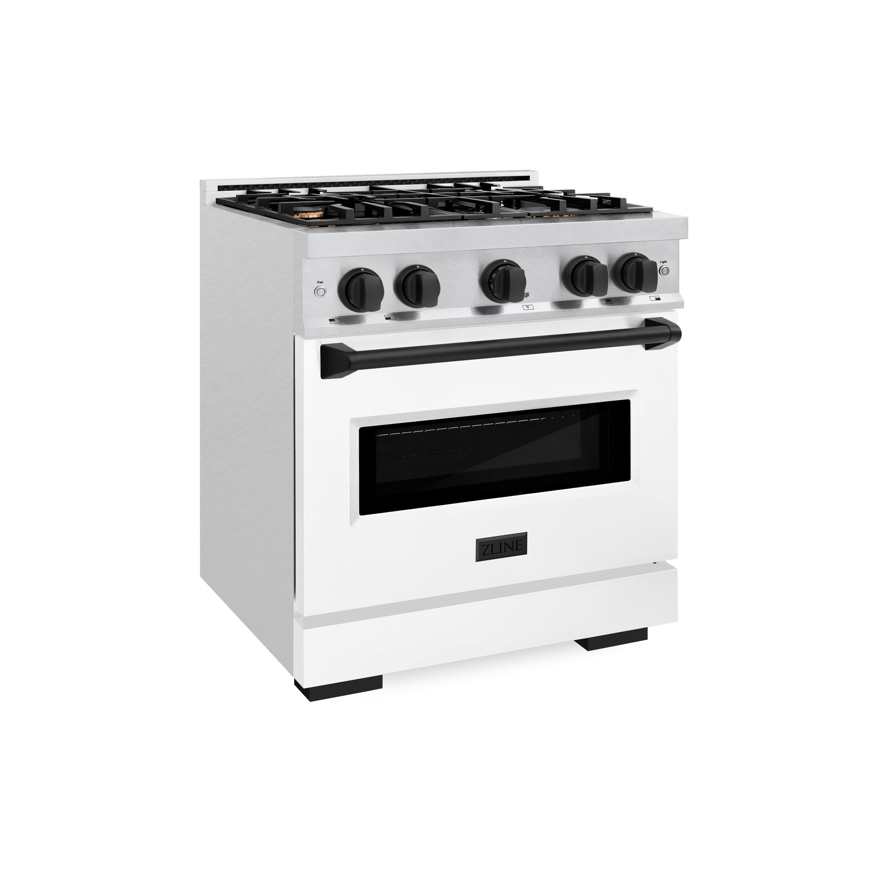 ZLINE Autograph Edition 30 in. Classic Dual Fuel Range 4.2 cu. ft. with 4 Burner Gas Cooktop and Electric Convection Oven in Satin Stainless Steel with White Matte Door and Matte Black Accents (CDRSZ-WM-30-MB)