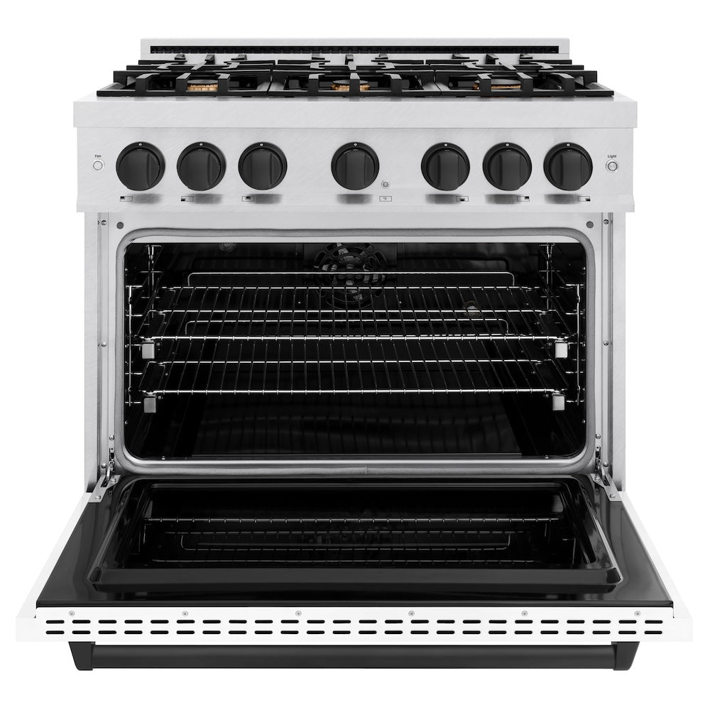 ZLINE 36 in. Dual Fuel Range 5.2 cu. ft. 6 Burner Gas Cooktop Electric Convection Oven Satin Stainless Steel White Matte Door Matte Black Accents (CDRSZ-WM-36-MB)