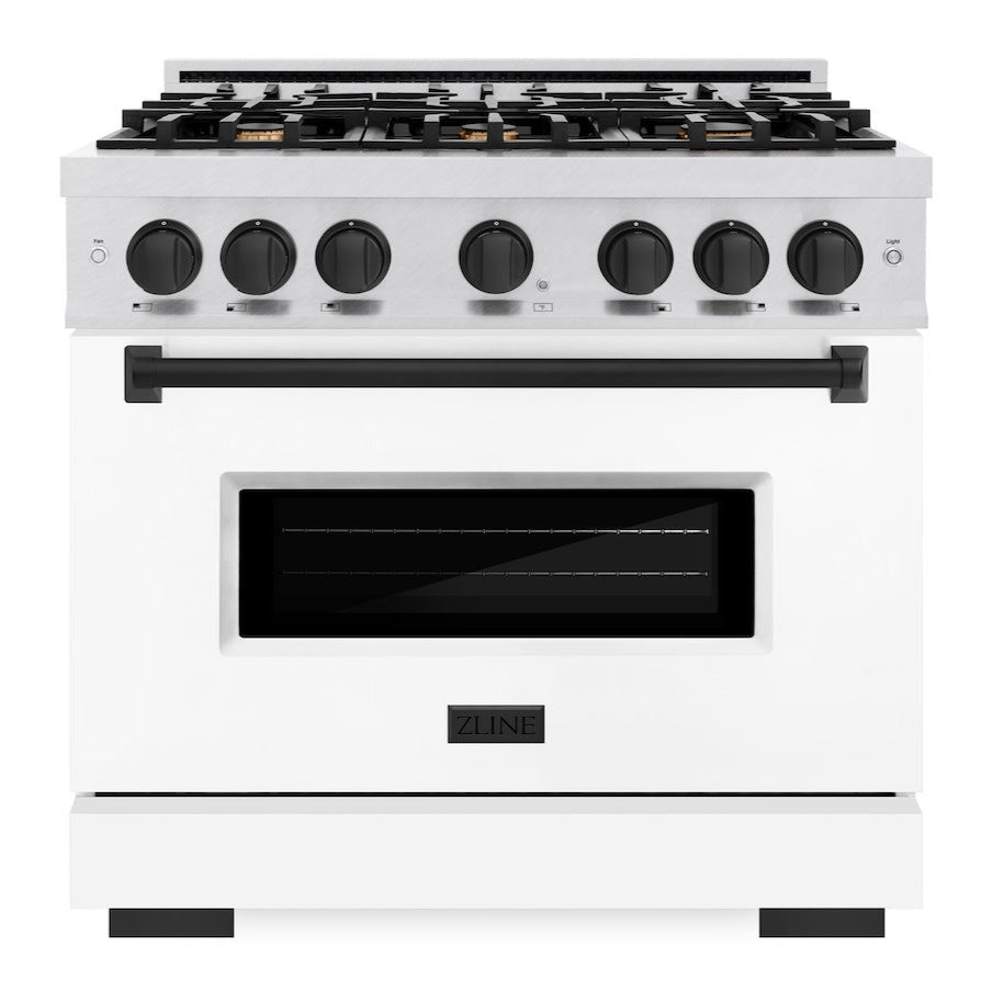 ZLINE 36 in. Dual Fuel Range 5.2 cu. ft. 6 Burner Gas Cooktop Electric Convection Oven Satin Stainless Steel White Matte Door Matte Black Accents (CDRSZ-WM-36-MB)