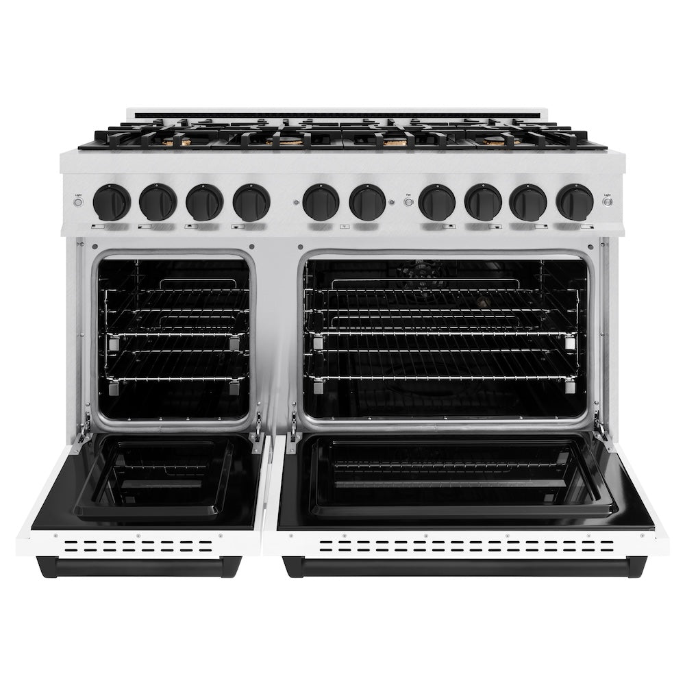 ZLINE 48 in. Dual Fuel Range Double Oven 6.7 cu. ft. with 8 Gas Burners, Satin Stainless Steel, White Matte Doors & Matte Black Accents (CDRSZ-WM-48-MB)