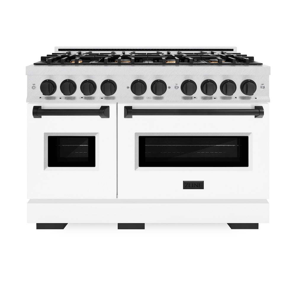 ZLINE 48 in. Dual Fuel Range Double Oven 6.7 cu. ft. with 8 Gas Burners, Satin Stainless Steel, White Matte Doors & Matte Black Accents (CDRSZ-WM-48-MB)