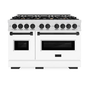 ZLINE 48 in. Dual Fuel Range Double Oven 6.7 cu. ft. with 8 Gas Burners, Satin Stainless Steel, White Matte Doors & Matte Black Accents (CDRSZ-WM-48-MB)