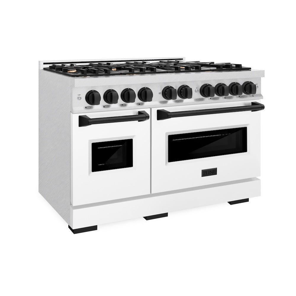 ZLINE 48 in. Dual Fuel Range Double Oven 6.7 cu. ft. with 8 Gas Burners, Satin Stainless Steel, White Matte Doors & Matte Black Accents (CDRSZ-WM-48-MB)