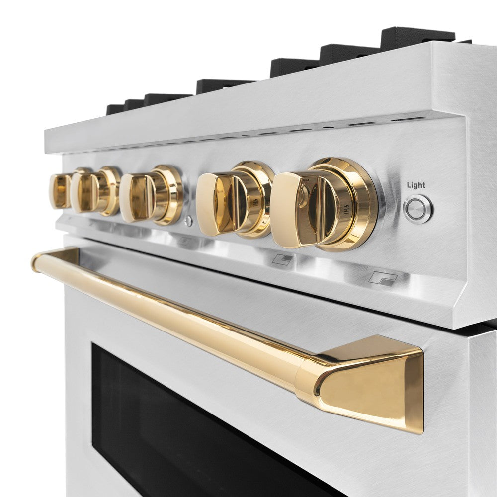 ZLINE Autograph Edition 30 in. Classic Dual Fuel Range with 4 Burner Gas Cooktop and Electric Convection Oven, 4.2 cu. ft., Satin Stainless Steel with Polished Gold Accents (CDRSZ-30-G)