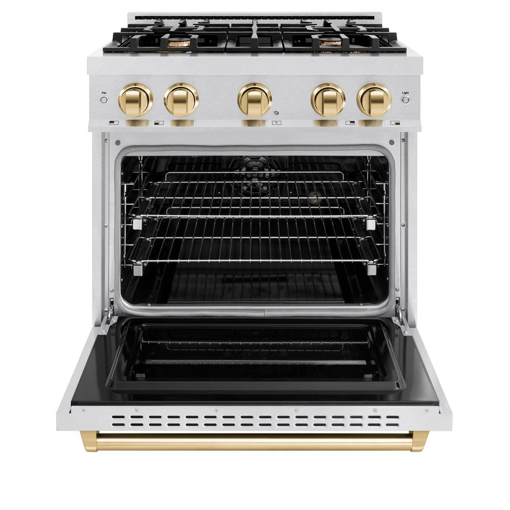 ZLINE Autograph Edition 30 in. Classic Dual Fuel Range with 4 Burner Gas Cooktop and Electric Convection Oven, 4.2 cu. ft., Satin Stainless Steel with Polished Gold Accents (CDRSZ-30-G)