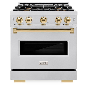 ZLINE Autograph Edition 30 in. Classic Dual Fuel Range with 4 Burner Gas Cooktop and Electric Convection Oven, 4.2 cu. ft., Satin Stainless Steel with Polished Gold Accents (CDRSZ-30-G)
