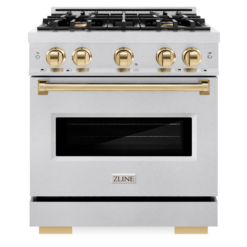 ZLINE Autograph Edition 30 in. Classic Dual Fuel Range with 4 Burner Gas Cooktop and Electric Convection Oven, 4.2 cu. ft., Satin Stainless Steel with Polished Gold Accents (CDRSZ-30-G)