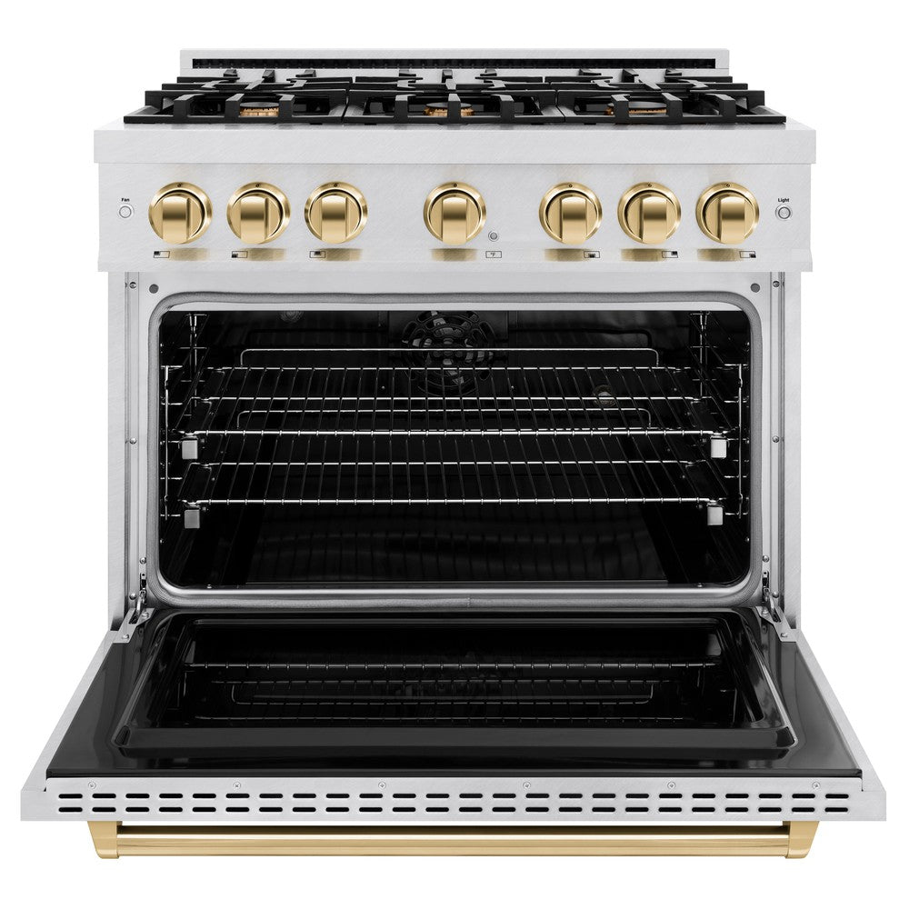 ZLINE 36 in. Dual Fuel Range 5.2 cu. ft. with 6 Burner Gas Cooktop, Electric Convection Oven, Satin Stainless Steel, Polished Gold Accents (CDRSZ-36-G)