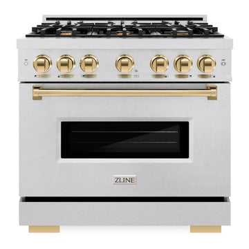 ZLINE 36 in. Dual Fuel Range 5.2 cu. ft. with 6 Burner Gas Cooktop, Electric Convection Oven, Satin Stainless Steel, Polished Gold Accents (CDRSZ-36-G)