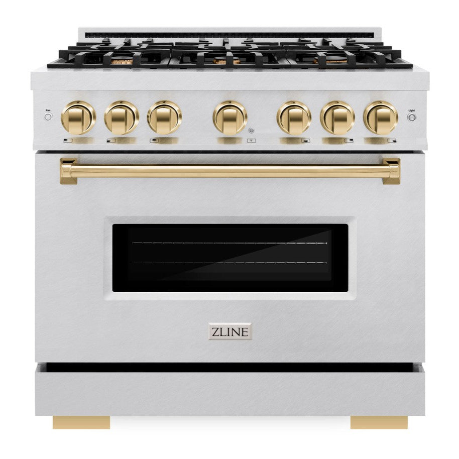 ZLINE 36 in. Dual Fuel Range 5.2 cu. ft. with 6 Burner Gas Cooktop, Electric Convection Oven, Satin Stainless Steel, Polished Gold Accents (CDRSZ-36-G)