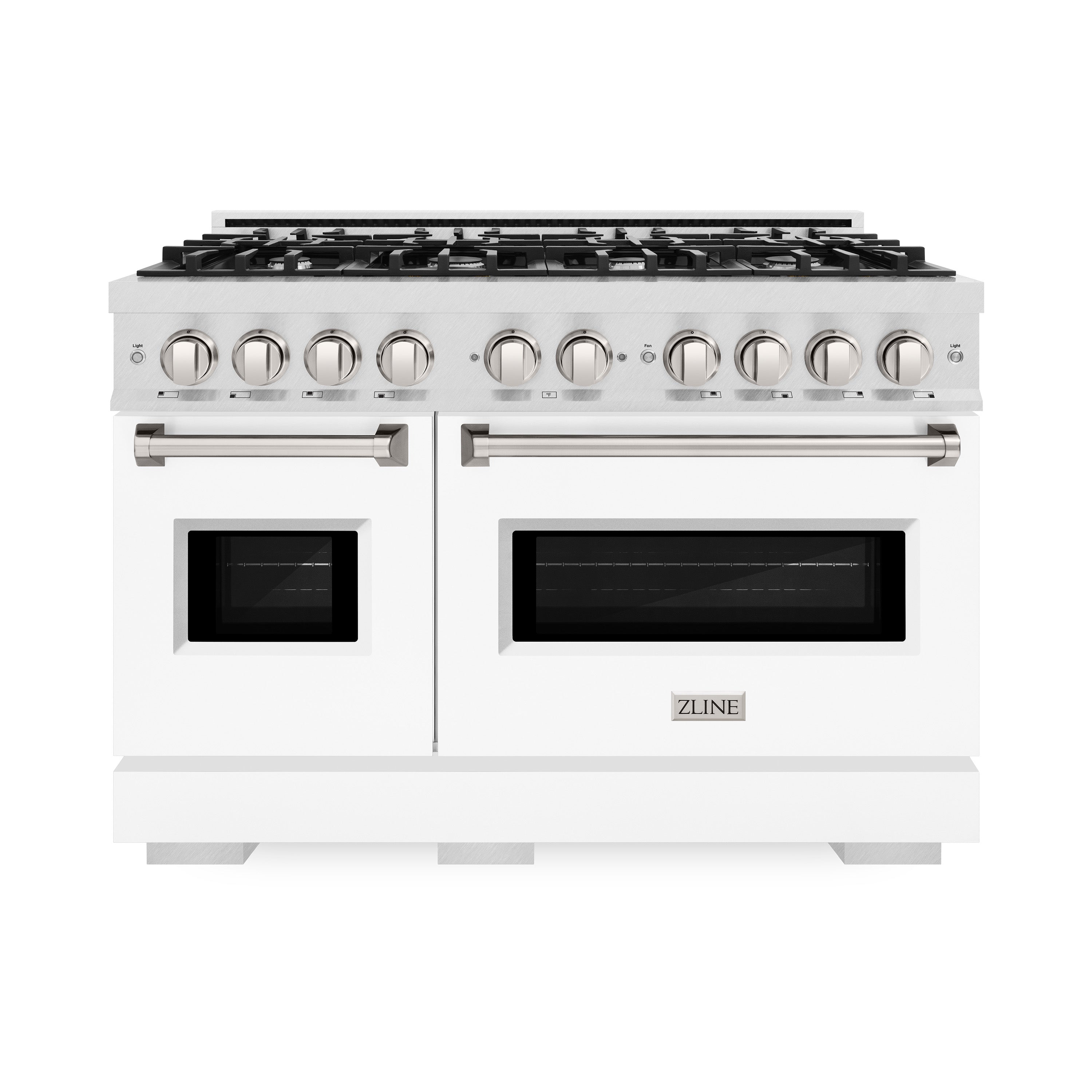 ZLINE 48 in. Dual Fuel Range – Double Oven, 8 Burner Gas Cooktop, 6.7 cu. ft., Satin Stainless Steel with White Matte Doors (CDRS-WM-48)