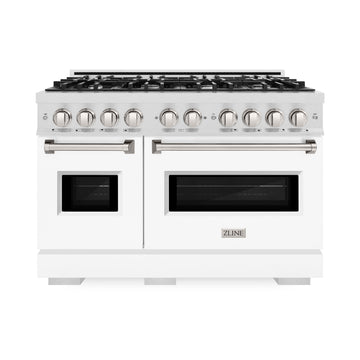 ZLINE 48 in. Dual Fuel Range – Double Oven, 8 Burner Gas Cooktop, 6.7 cu. ft., Satin Stainless Steel with White Matte Doors (CDRS-WM-48)