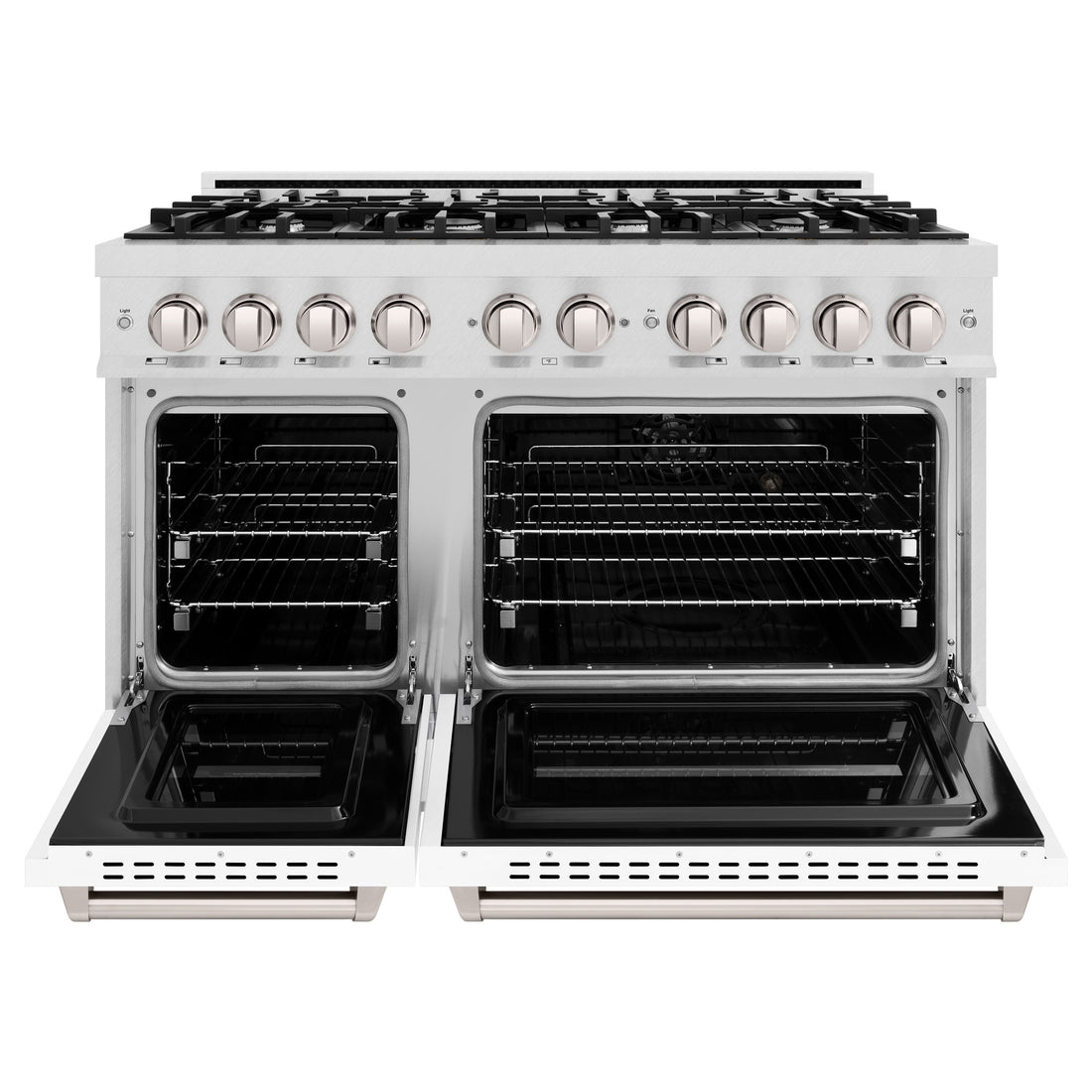 ZLINE 48 in. Dual Fuel Range – Double Oven, 8 Burner Gas Cooktop, 6.7 cu. ft., Satin Stainless Steel with White Matte Doors (CDRS-WM-48)