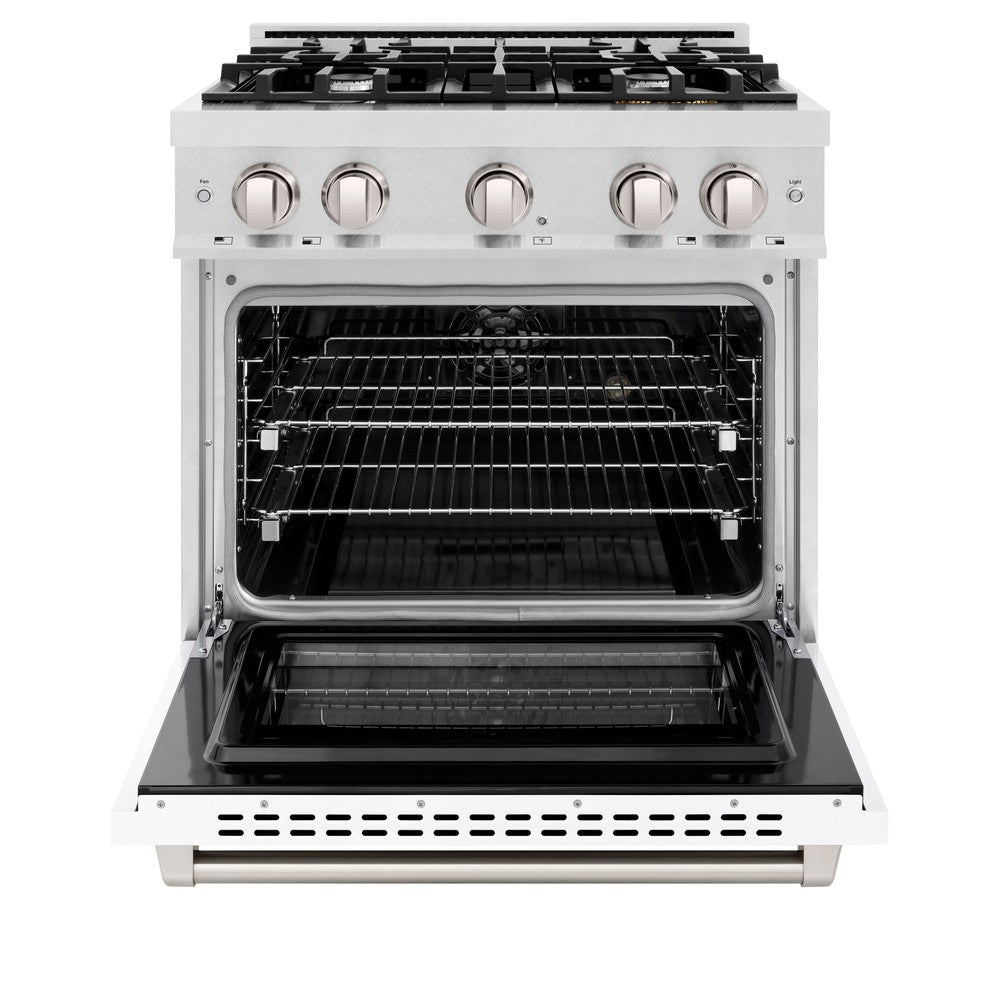 ZLINE 30 in. Select Dual Fuel Range, 4.2 cu. ft., 4 Burner Gas Cooktop with Electric Convection Oven, Satin Stainless Steel with White Matte Door, MODEL HDRS-WM-30