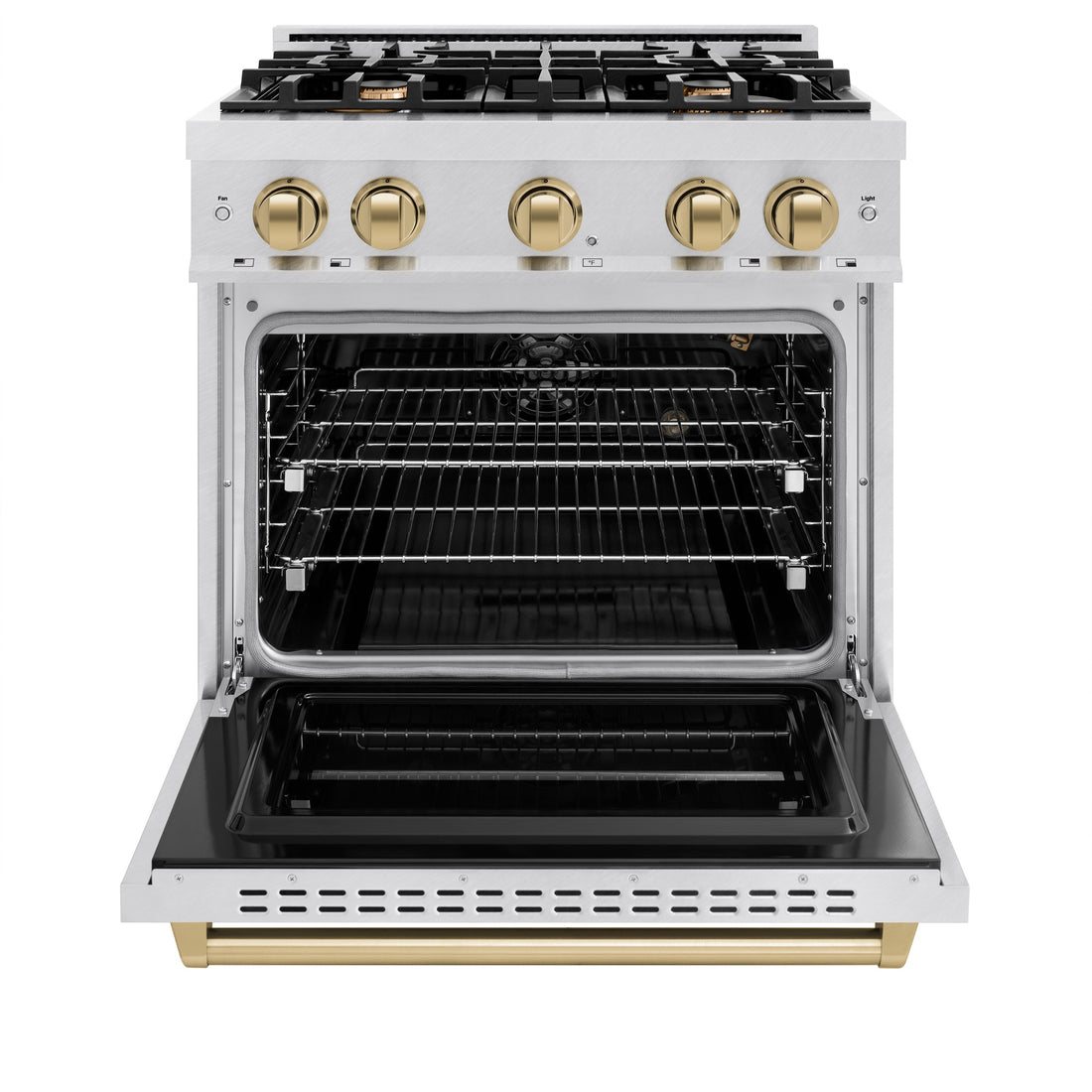 ZLINE 30 in. Gas Range 4.2 cu. ft. 4 Burner Cooktop Convection Gas Oven Satin Stainless Steel with Champagne Bronze Accents (CGRSZ-30-CB)