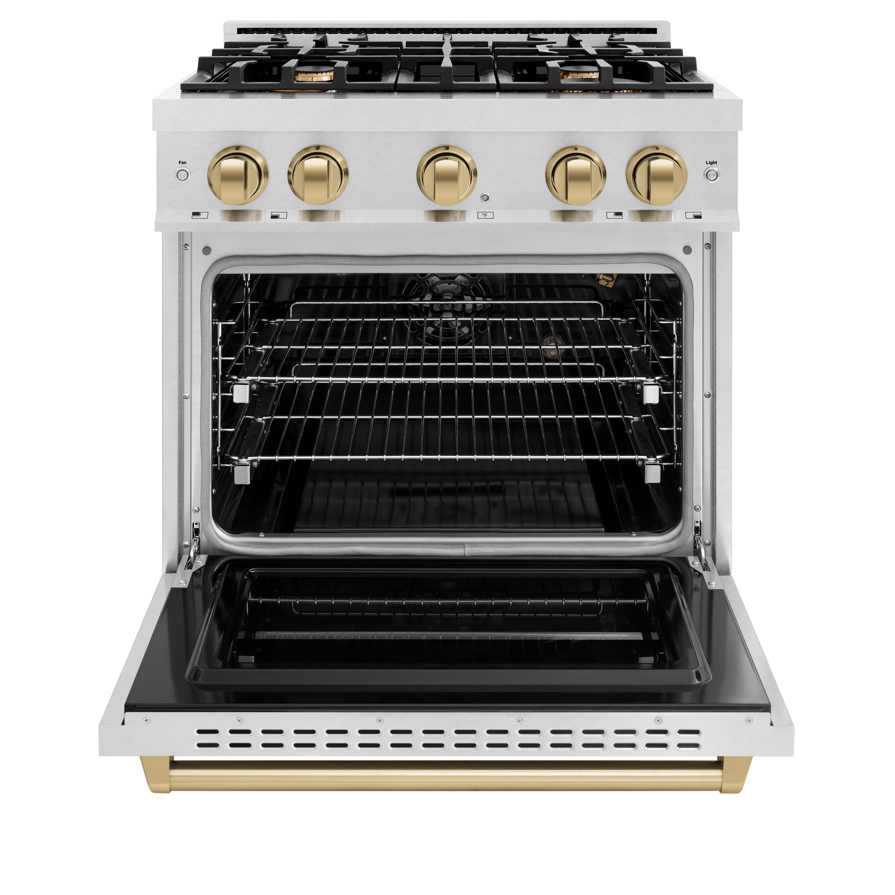 ZLINE 30 in. Gas Range 4.2 cu. ft. 4 Burner Cooktop Convection Gas Oven Satin Stainless Steel with Champagne Bronze Accents (CGRSZ-30-CB)