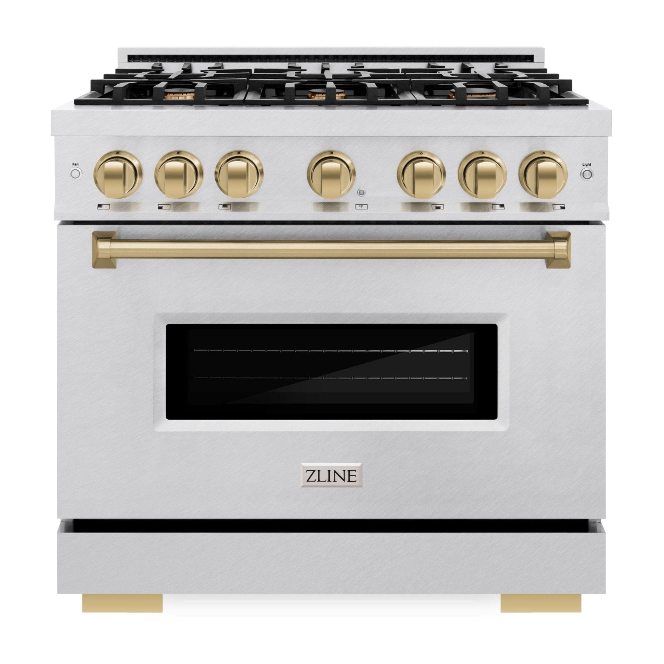 ZLINE 36 in. Gas Range 5.2 cu. ft. 6 Burner Cooktop Convection Gas Oven Satin Stainless Steel Champagne Bronze Accents (CGRSZ-36-CB)