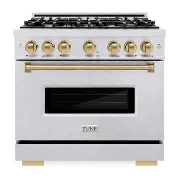 ZLINE 36 in. Gas Range 5.2 cu. ft. 6 Burner Cooktop Convection Gas Oven Satin Stainless Steel Champagne Bronze Accents (CGRSZ-36-CB)