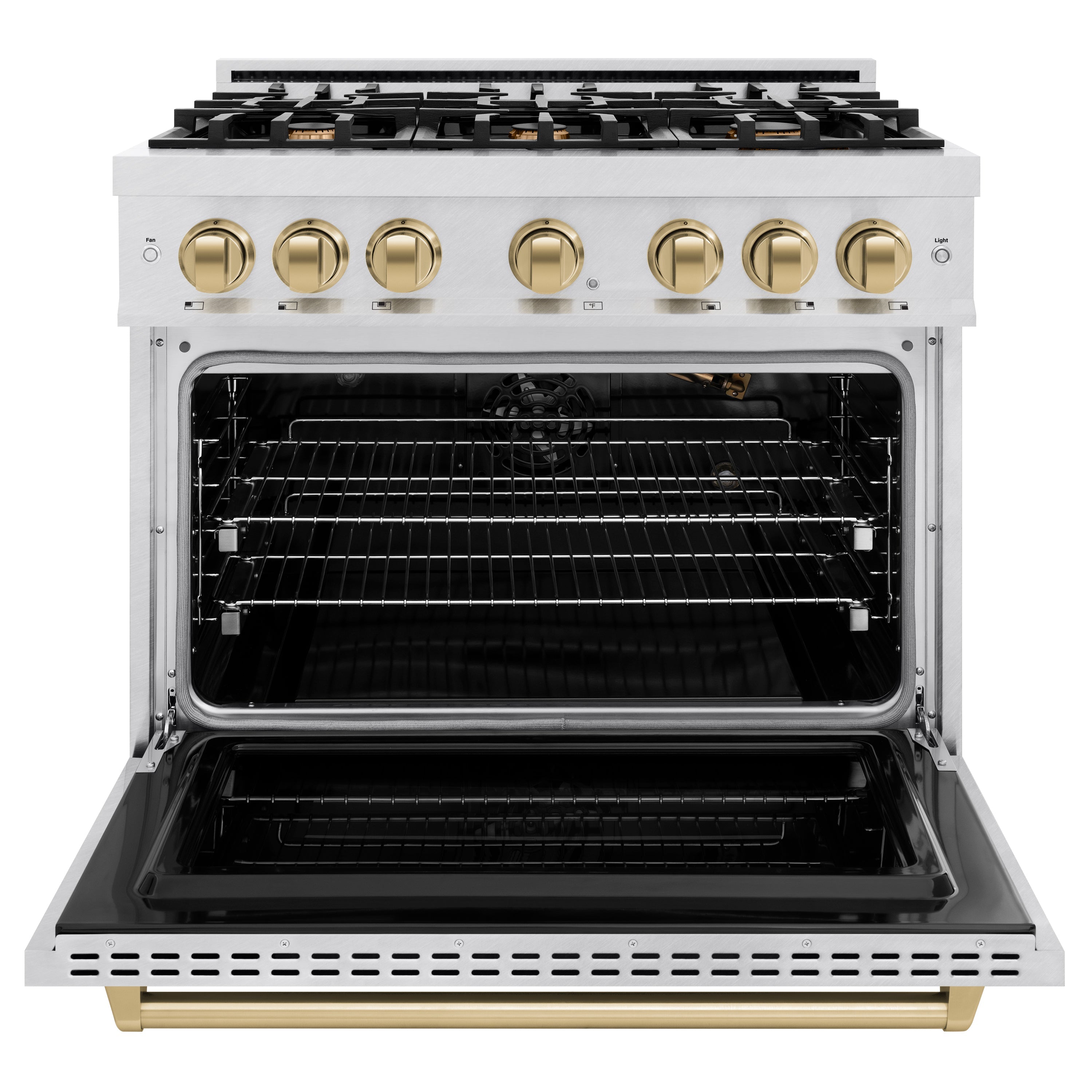 ZLINE 36 in. Gas Range 5.2 cu. ft. 6 Burner Cooktop Convection Gas Oven Satin Stainless Steel Champagne Bronze Accents (CGRSZ-36-CB)