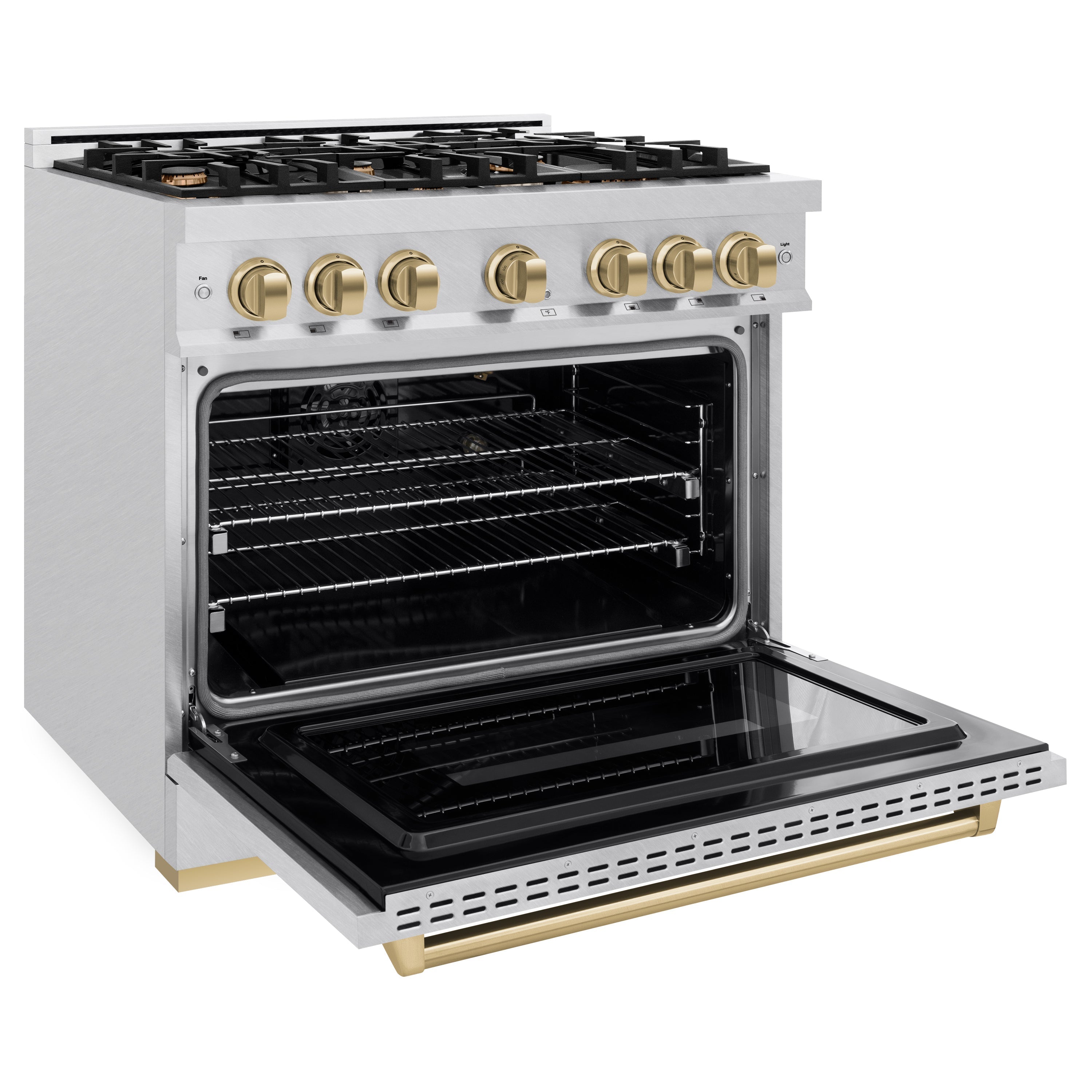 ZLINE 36 in. Gas Range 5.2 cu. ft. 6 Burner Cooktop Convection Gas Oven Satin Stainless Steel Champagne Bronze Accents (CGRSZ-36-CB)
