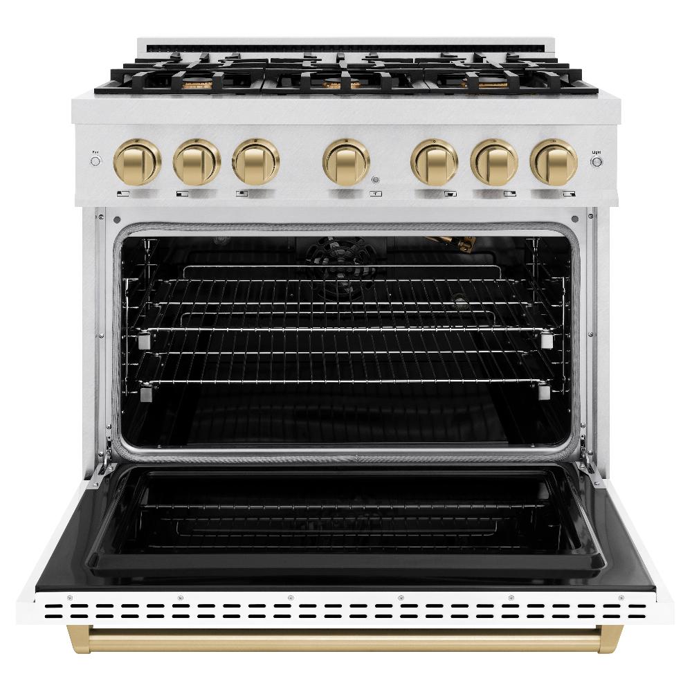 ZLINE 36 in. Classic Gas Range 5.2 cu. ft. – 6 Burner Cooktop, Convection Gas Oven, Satin Stainless Steel, White Matte Door, Champagne Bronze Accents (CGRSZ-WM-36-CB)