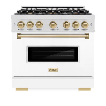 ZLINE 36 in. Classic Gas Range 5.2 cu. ft. – 6 Burner Cooktop, Convection Gas Oven, Satin Stainless Steel, White Matte Door, Champagne Bronze Accents (CGRSZ-WM-36-CB)