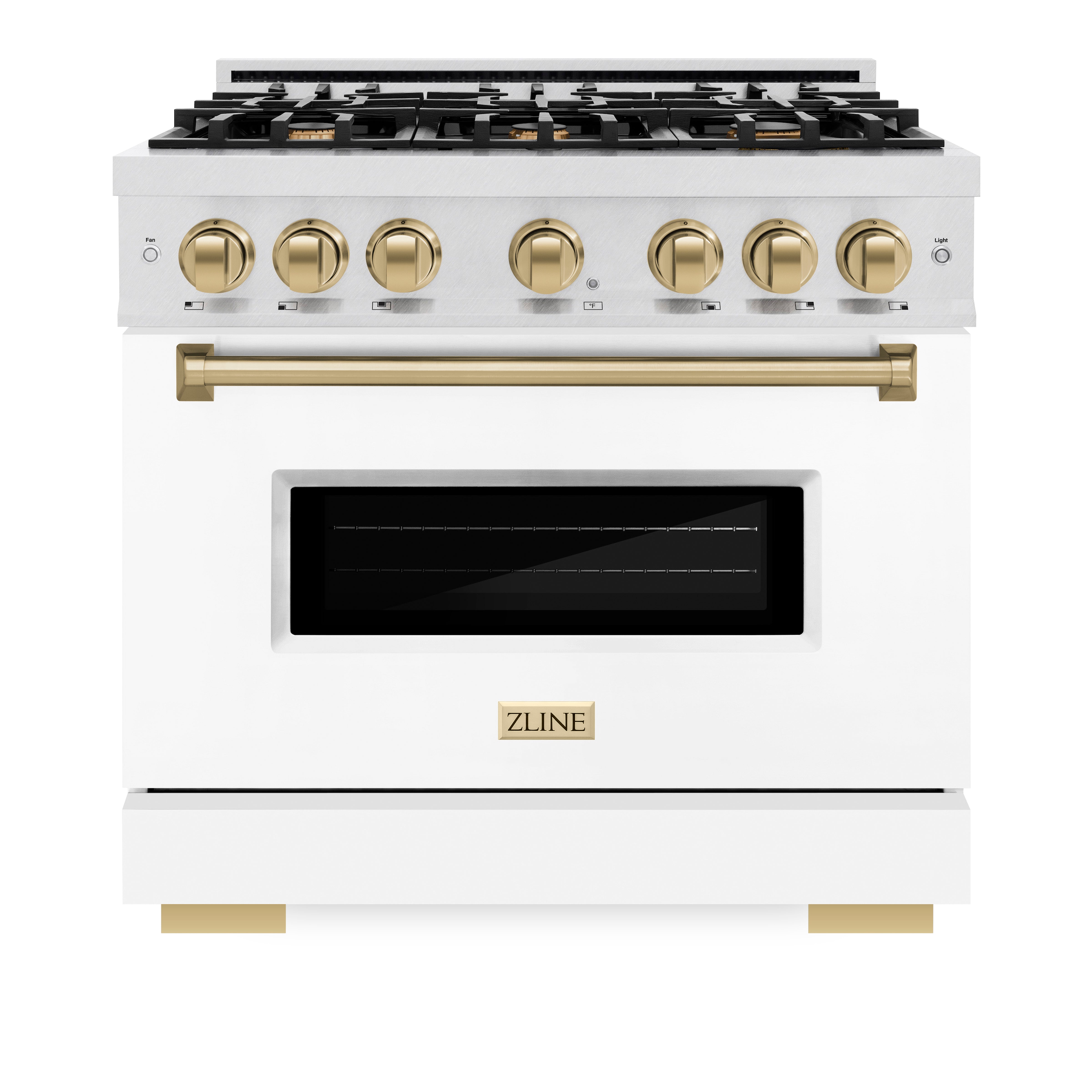 ZLINE 36 in. Classic Gas Range 5.2 cu. ft. – 6 Burner Cooktop, Convection Gas Oven, Satin Stainless Steel, White Matte Door, Champagne Bronze Accents (CGRSZ-WM-36-CB)