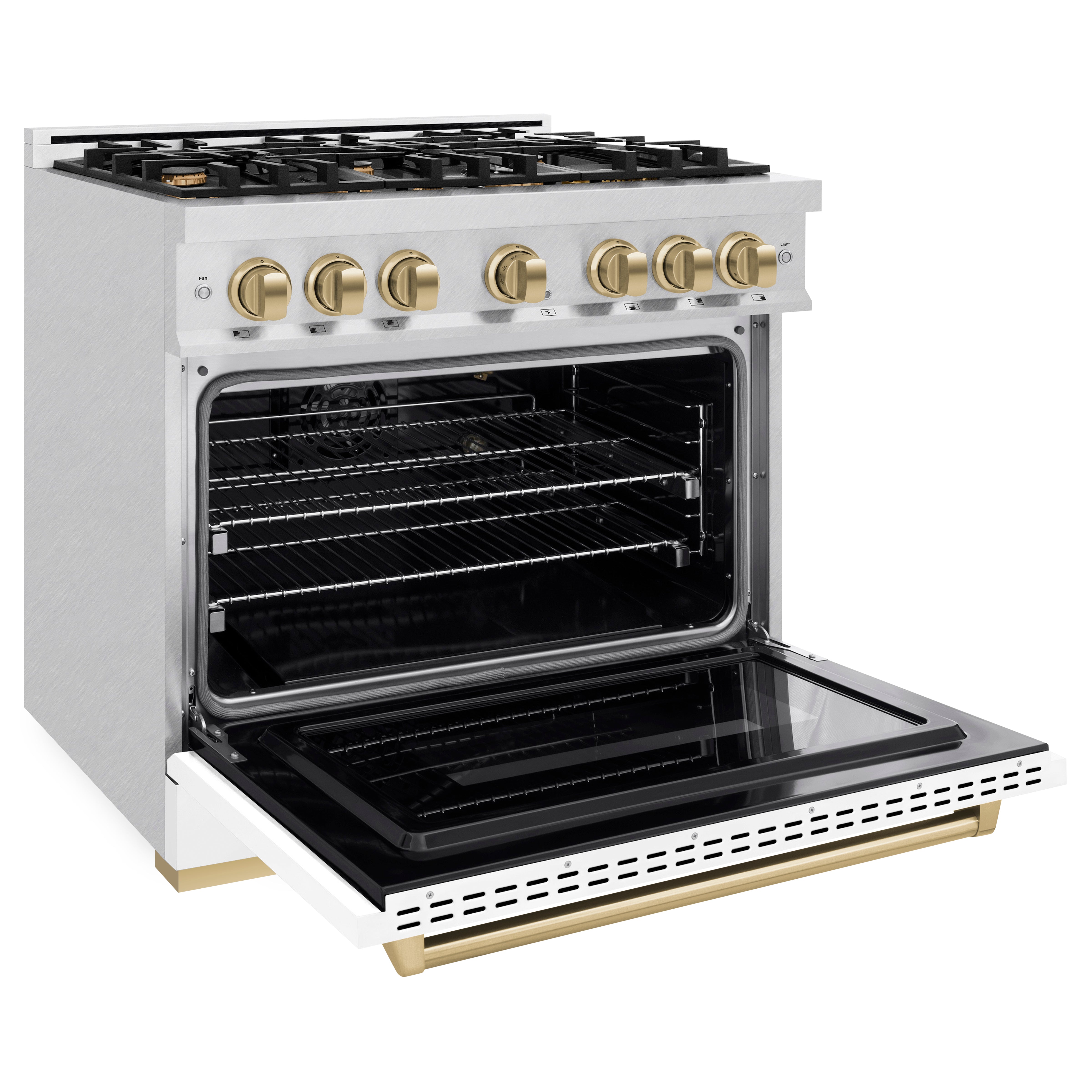 ZLINE 36 in. Classic Gas Range 5.2 cu. ft. – 6 Burner Cooktop, Convection Gas Oven, Satin Stainless Steel, White Matte Door, Champagne Bronze Accents (CGRSZ-WM-36-CB)