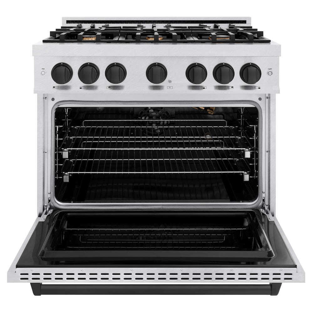 ZLINE 36 in. Gas Range 5.2 cu. ft. 6 Burner Cooktop Convection Gas Oven Satin Stainless Steel Matte Black Accents (CGRSZ-36-MB)