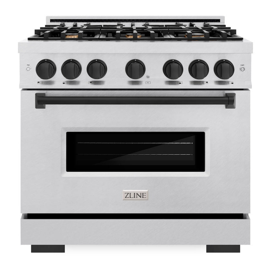 ZLINE 36 in. Gas Range 5.2 cu. ft. 6 Burner Cooktop Convection Gas Oven Satin Stainless Steel Matte Black Accents (CGRSZ-36-MB)