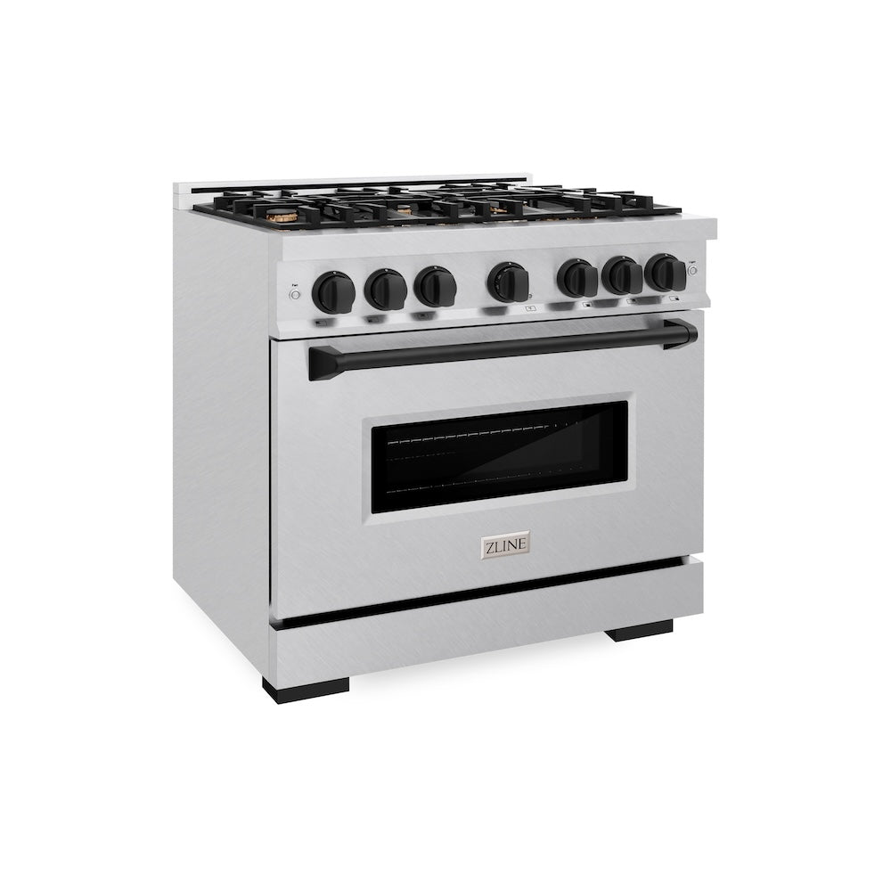ZLINE 36 in. Gas Range 5.2 cu. ft. 6 Burner Cooktop Convection Gas Oven Satin Stainless Steel Matte Black Accents (CGRSZ-36-MB)
