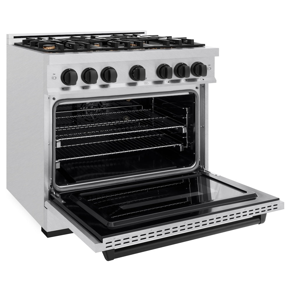 ZLINE 36 in. Gas Range 5.2 cu. ft. 6 Burner Cooktop Convection Gas Oven Satin Stainless Steel Matte Black Accents (CGRSZ-36-MB)