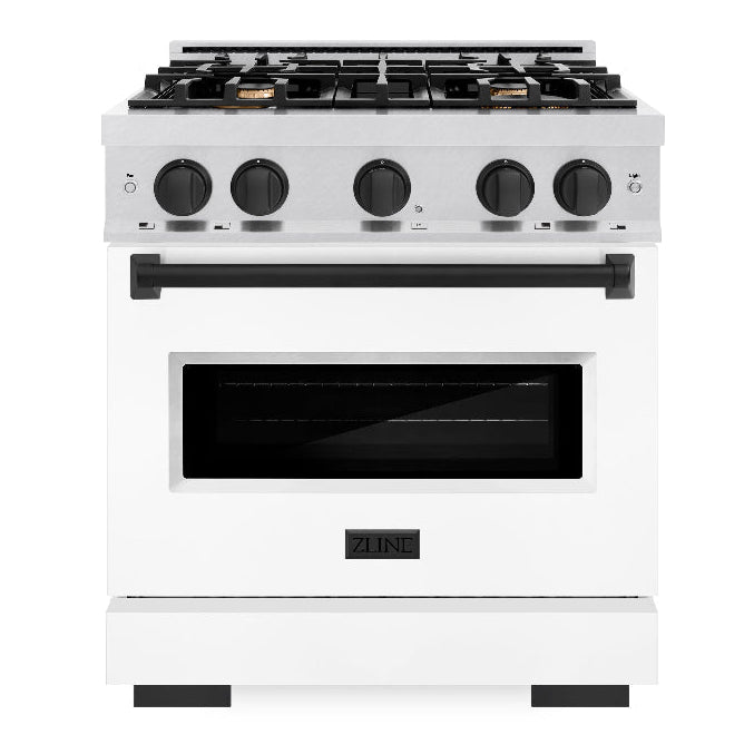 ZLINE 30 in. Gas Range 4.2 cu. ft. Convection Gas Oven 4 Burner Cooktop Satin Stainless Steel White Matte Door Matte Black Accents (CGRSZ-WM-30-MB)