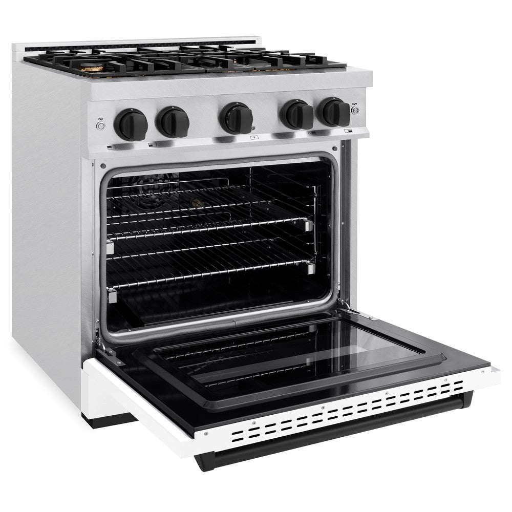 ZLINE 30 in. Gas Range 4.2 cu. ft. Convection Gas Oven 4 Burner Cooktop Satin Stainless Steel White Matte Door Matte Black Accents (CGRSZ-WM-30-MB)