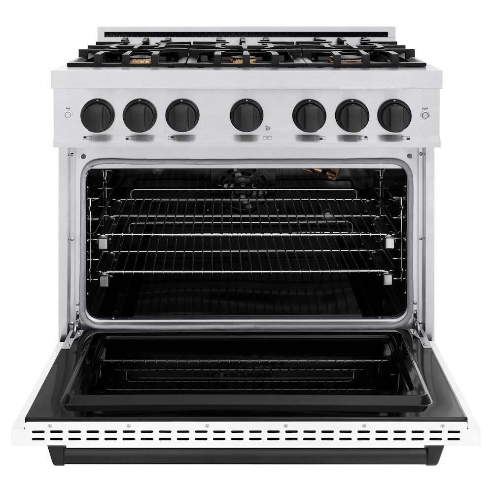 ZLINE 36 in. Gas Range 5.2 cu. ft. 6 Burner Cooktop Convection Gas Oven Satin Stainless Steel with White Matte Door & Matte Black Accents (CGRSZ-WM-36-MB)