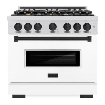 ZLINE 36 in. Gas Range 5.2 cu. ft. 6 Burner Cooktop Convection Gas Oven Satin Stainless Steel with White Matte Door & Matte Black Accents (CGRSZ-WM-36-MB)