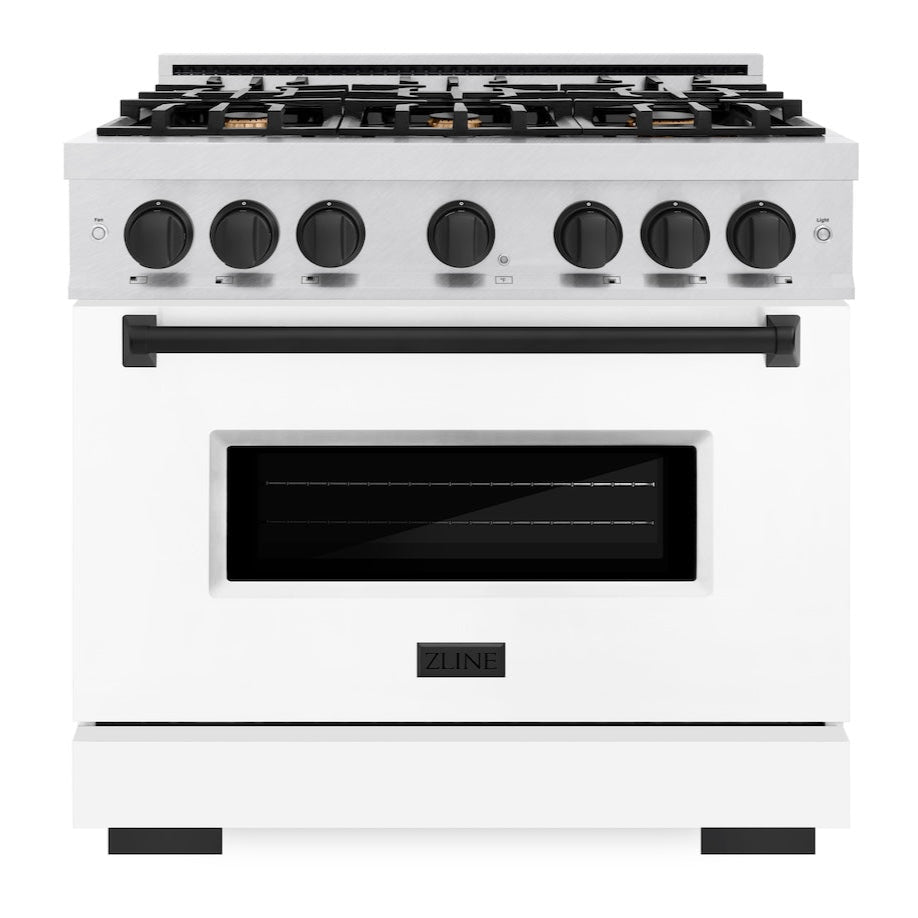 ZLINE 36 in. Gas Range 5.2 cu. ft. 6 Burner Cooktop Convection Gas Oven Satin Stainless Steel with White Matte Door & Matte Black Accents (CGRSZ-WM-36-MB)