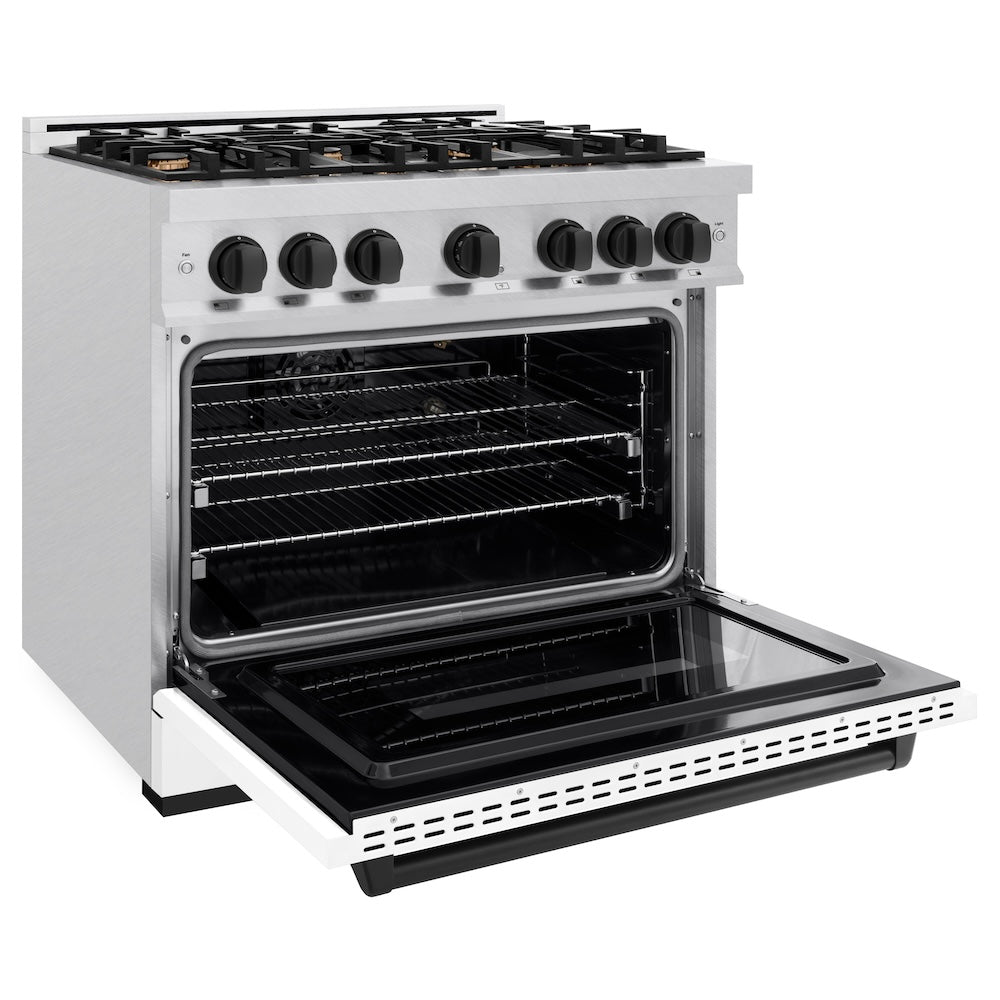 ZLINE 36 in. Gas Range 5.2 cu. ft. 6 Burner Cooktop Convection Gas Oven Satin Stainless Steel with White Matte Door & Matte Black Accents (CGRSZ-WM-36-MB)