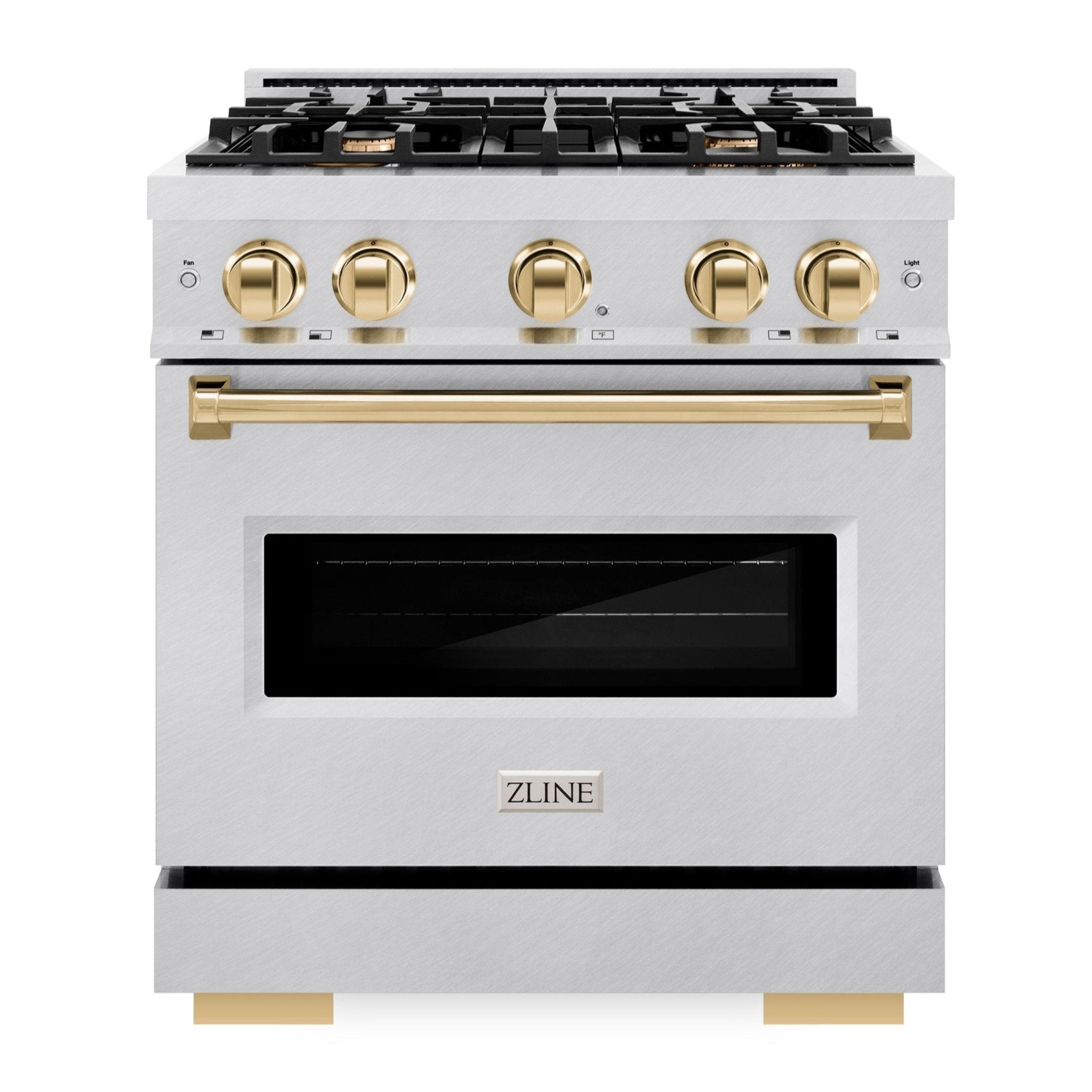 ZLINE 30 in. Gas Range 4.2 cu. ft. 4 Burners Convection Oven Satin Stainless Steel with Polished Gold Accents (CGRSZ-30-G)