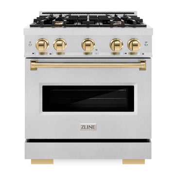 ZLINE 30 in. Gas Range 4.2 cu. ft. 4 Burners Convection Oven Satin Stainless Steel with Polished Gold Accents (CGRSZ-30-G)