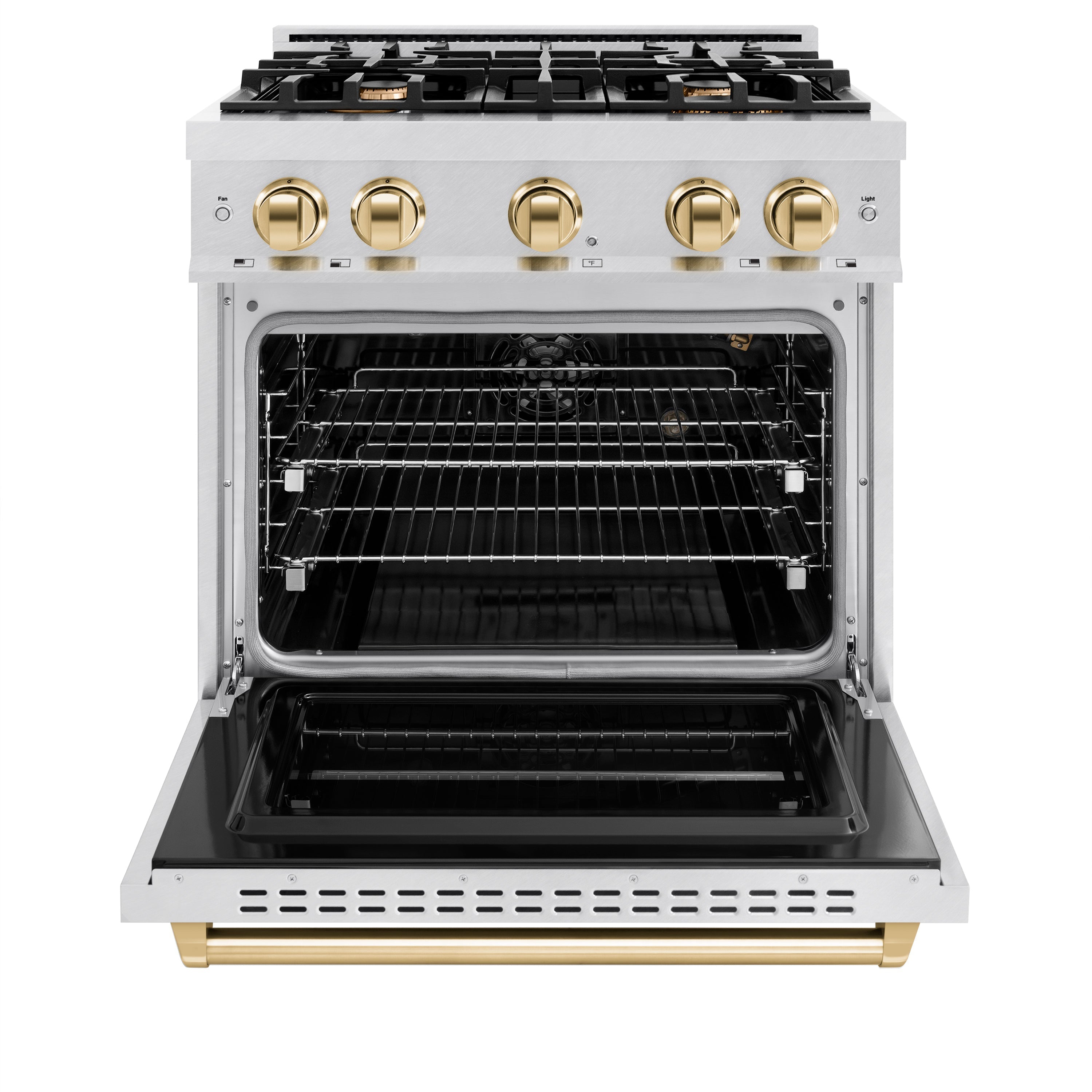ZLINE 30 in. Gas Range 4.2 cu. ft. 4 Burners Convection Oven Satin Stainless Steel with Polished Gold Accents (CGRSZ-30-G)
