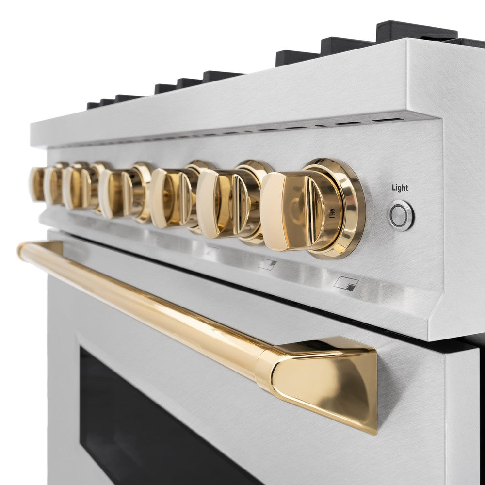 ZLINE 36 in. Gas Range 5.2 cu. ft. 6 Burner Cooktop Convection Gas Oven Satin Stainless Steel with Polished Gold Accents (CGRSZ-36-G)