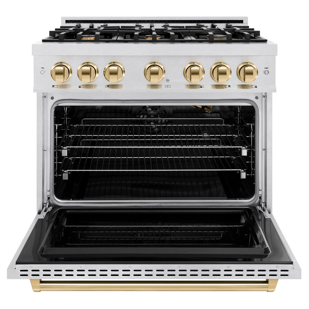 ZLINE 36 in. Gas Range 5.2 cu. ft. 6 Burner Cooktop Convection Gas Oven Satin Stainless Steel with Polished Gold Accents (CGRSZ-36-G)